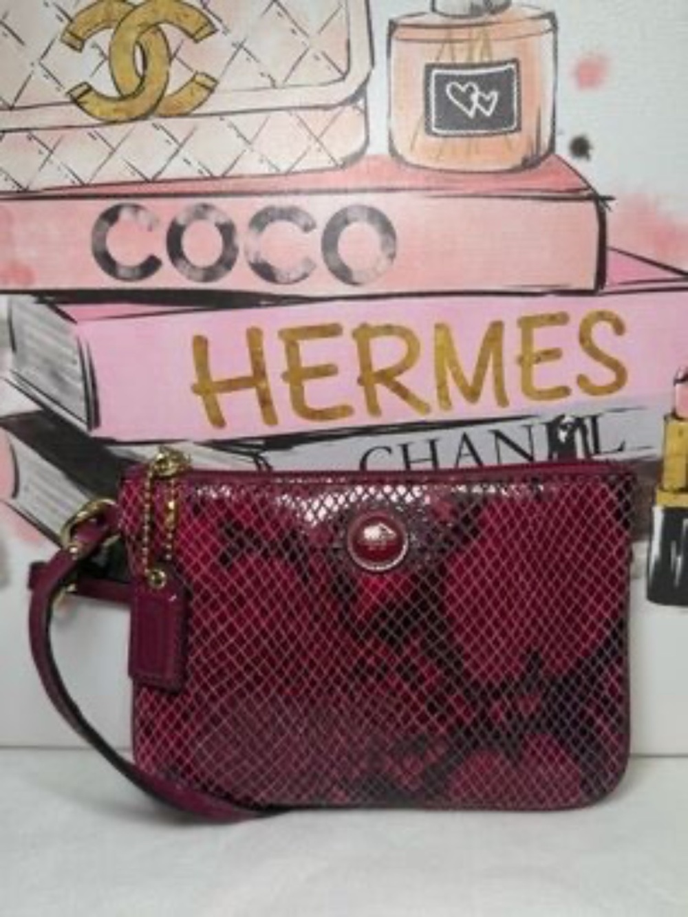Coach Burgundy Snakeskin Embossed Wristlet Gold Hardware 6x4in